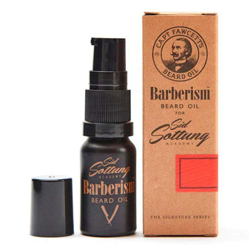 Captain Fawcett's Barberism skjeggolje bottle with packaging, 50ml.