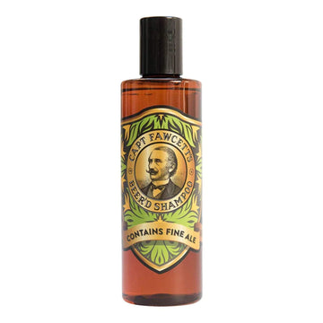 Captain Fawcett's Beer'd Shampoo bottle featuring IPA-infused skjeggsjampo for beard care.