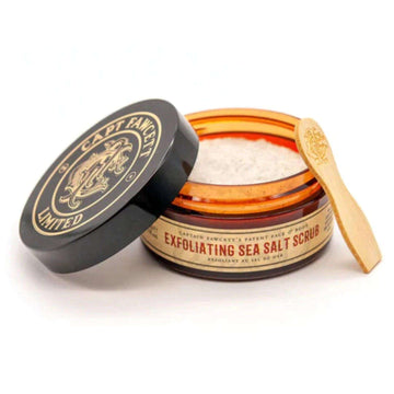 Captain Fawcett's Exfoliating Salt Scrub with bamboo spatula.