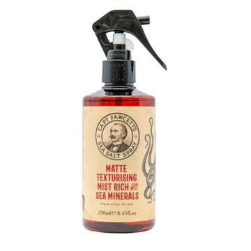 Captain Fawcett's Sea Salt Spray bottle with matte texturizing mist label.