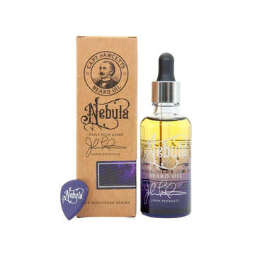 Captain Fawcett's skjeggolje Nebula flaske og eske med pipette.