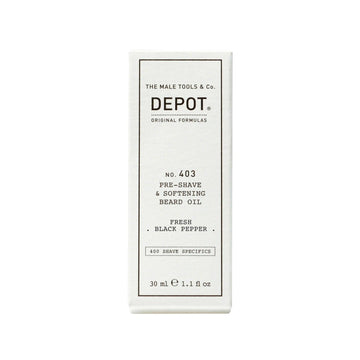Depå No. 403 Pre-Shave & Beard Oil med frisk svart pepper, 30 ml flaske.