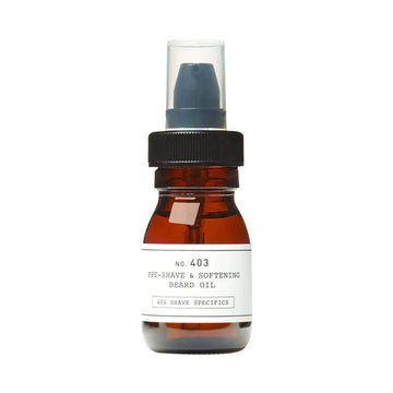 Depot No. 403 Pre-Shave & Softening Beard Oil with Fresh Black Pepper in amber bottle ideal for shaving preparation and beard softening.