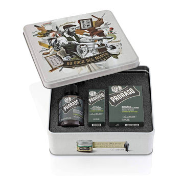 Proraso Beard Kit skjeggsett in decorative tin box, includes beard shampoo, oil, and lotion.