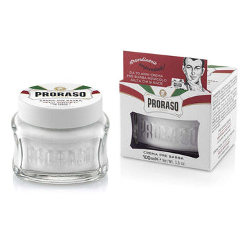 Proraso Pre-shaving krem in glass jar with packaging, green tea and oat formula.