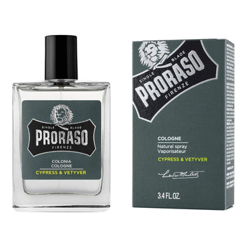 Proraso Single Blade Eau de Cologne bottle and packaging with notes of bergamot, cypress, cedarwood, and vetiver.