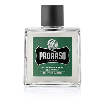 Proraso skjegglotion glass bottle with eucalyptus, rosemary, and bergamot fragrance, ideal for beard care.