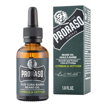 Proraso skjeggolje - Sypress og vetiver in glass bottle with pipette, featuring nourishing beard treatment and fresh citrus and cypress scent.