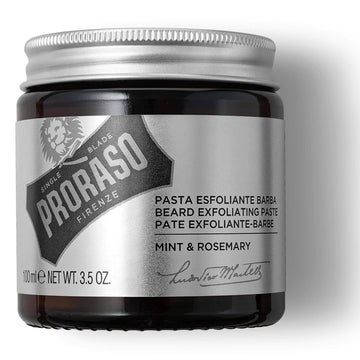 Proraso beard scrub jar with mint and rosemary scent.