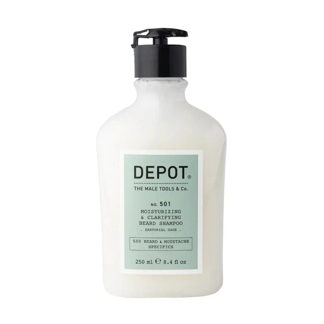 Depot No. 501 fuktighetsgivende og klargjørende skjeggsjampo 250ml flaske.