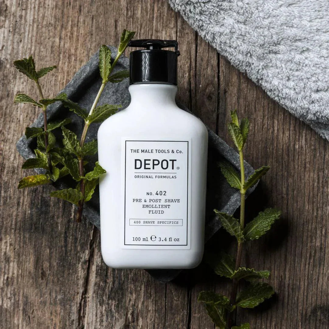 Depot No. 402 Pre & Post Shave Emollient Fluid 100ml flaske, mykgjørende barberingsvæske.