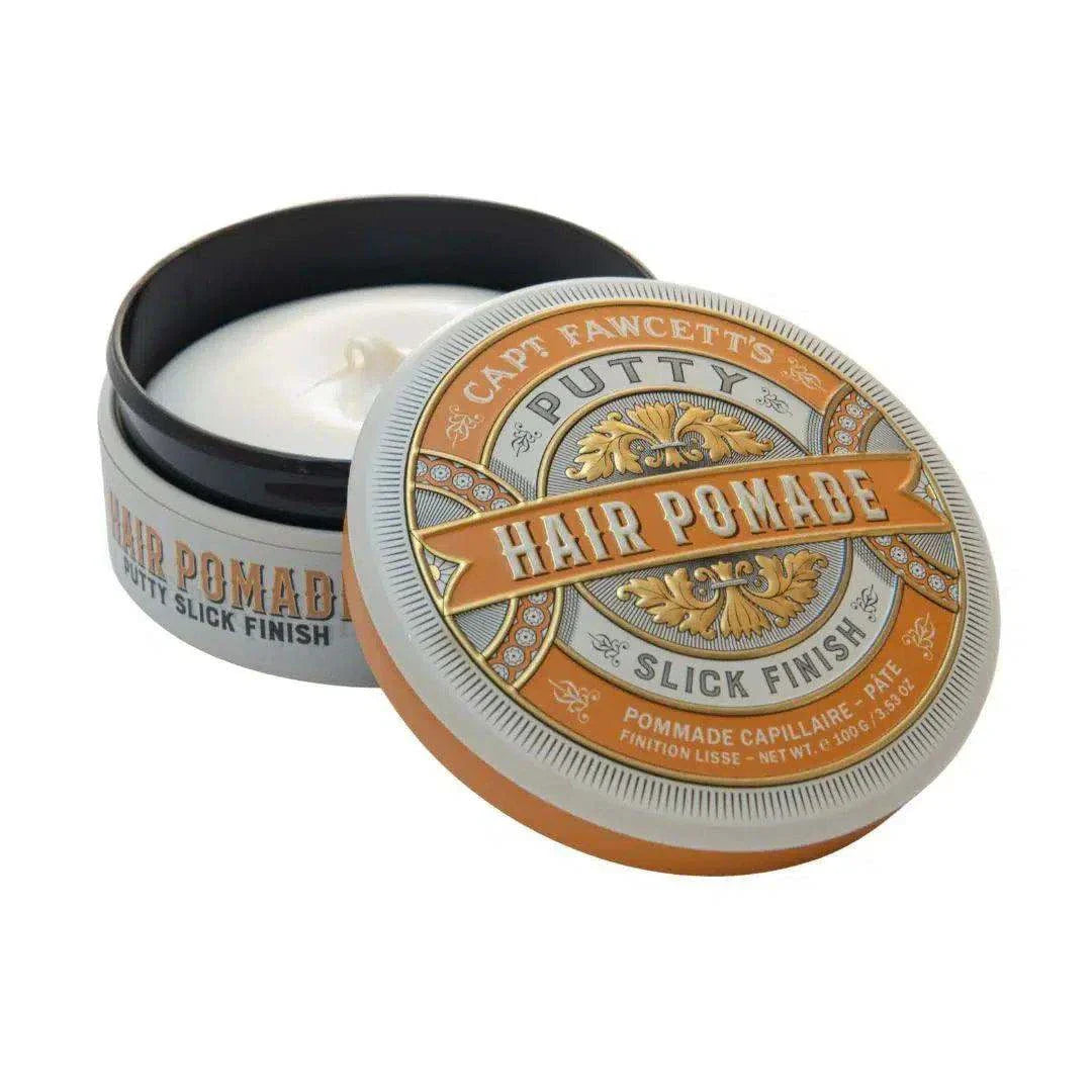 Captain Fawcett's Putty Hair Pomade Slick Finish in tin with open lid showing styling product.
