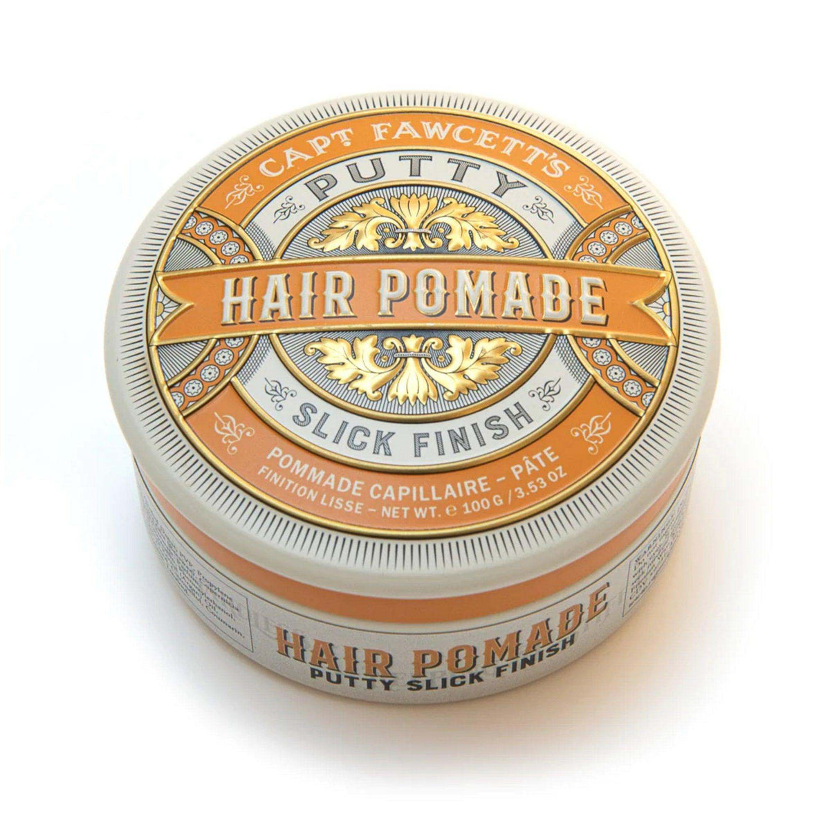 Captain Fawcett's Putty Hair Pomade Slick Finish in decorative tin.