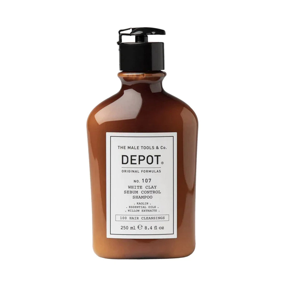 Depot No. 107 White Clay Sebum Control Shampoo bottle, 250 ml, designed for oily hair, featuring natural ingredients like white clay and plant extracts for scalp balancing.