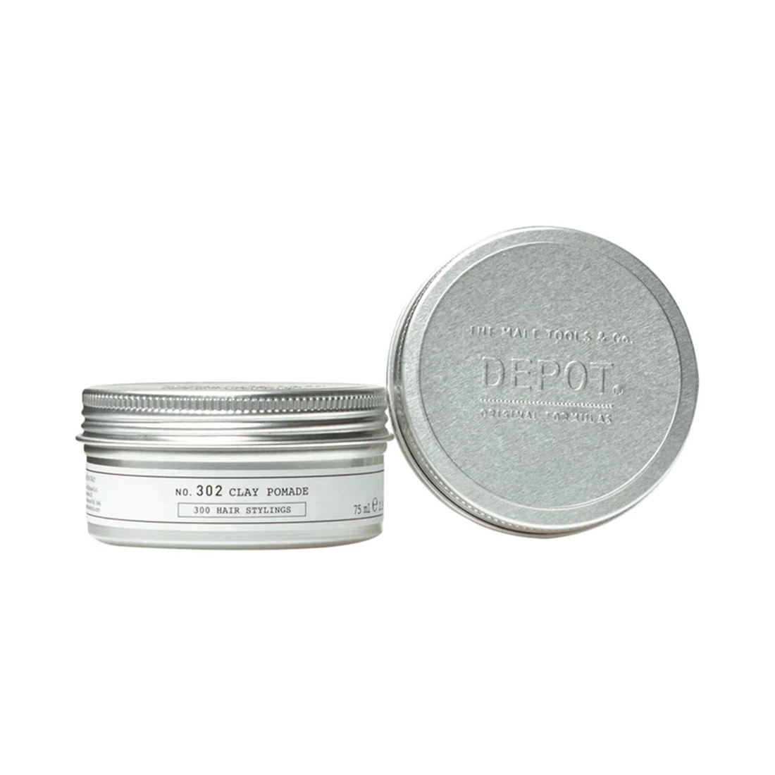 Depot No. 302 Clay Pomade, strong hold hair styling product, 75 ml jar.