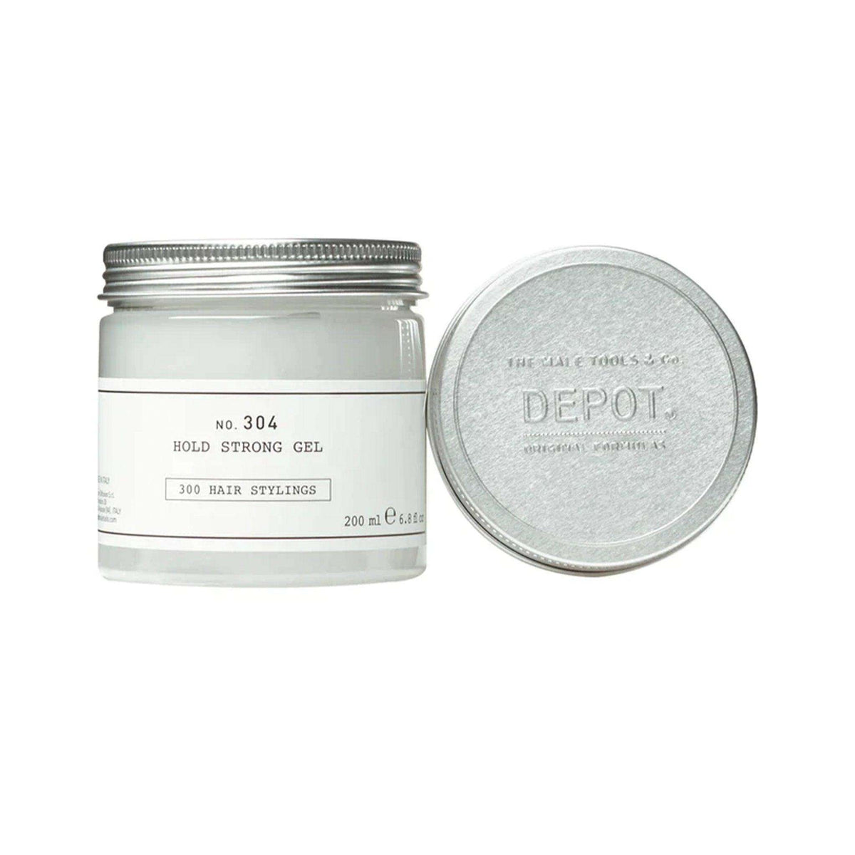 Depot No. 304 Hold Strong Gel in a transparent jar with silver lid, 200 ml size.