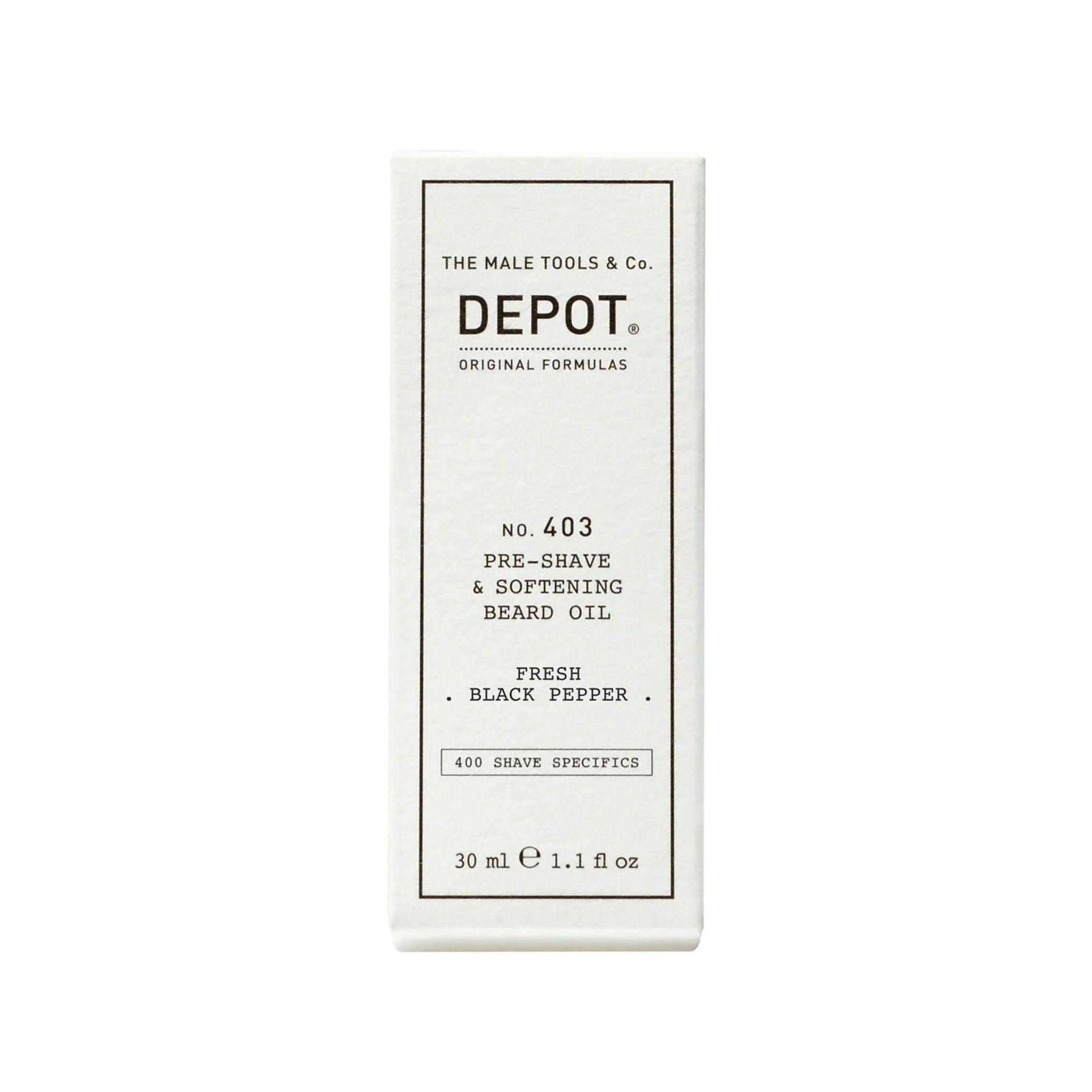 Depå No. 403 Pre-Shave & Beard Oil med frisk svart pepper, 30 ml flaske.