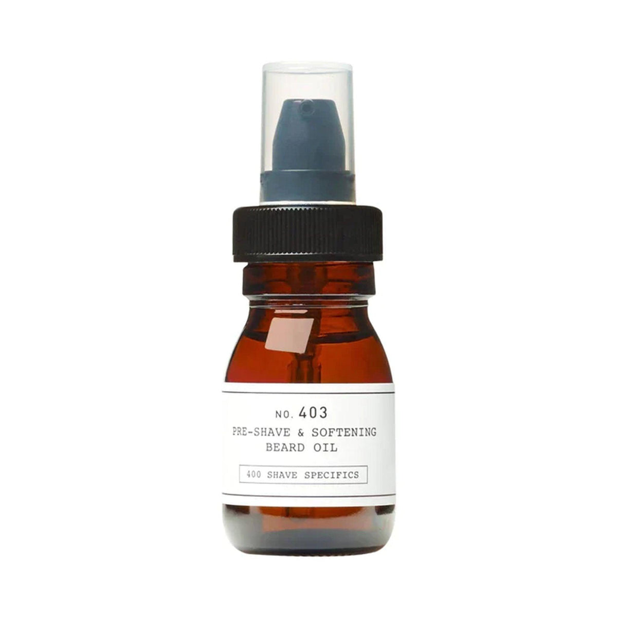 Depot No. 403 Pre-Shave & Softening Beard Oil with Fresh Black Pepper in amber bottle ideal for shaving preparation and beard softening.