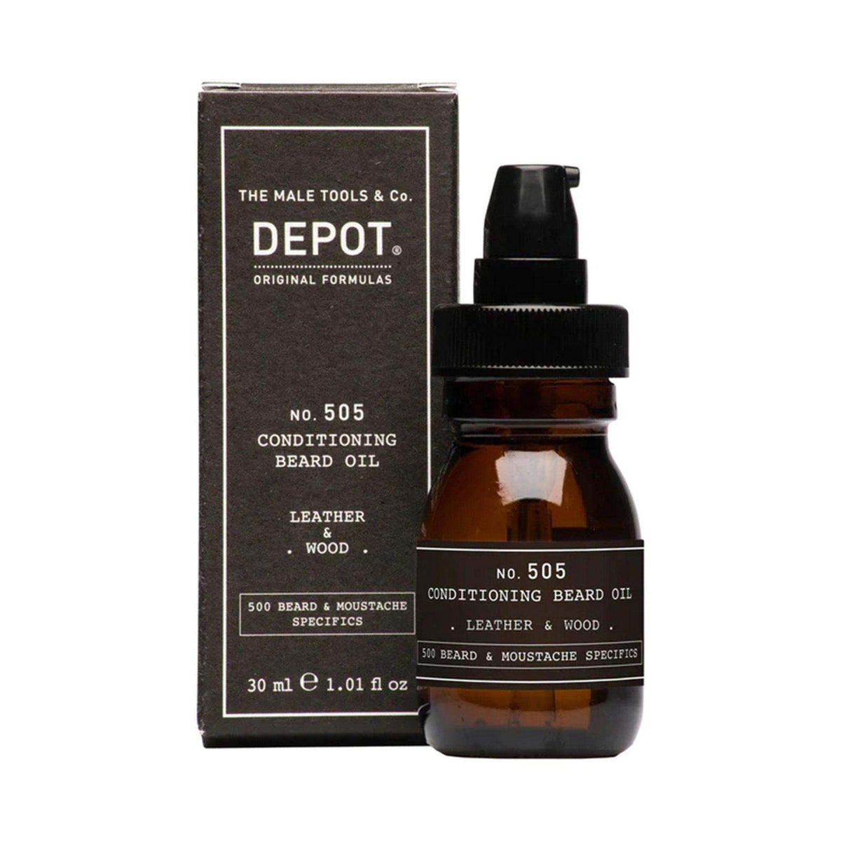 Depot No. 505 Conditioning Beard Oil bottle and packaging with natural oils for beard care.