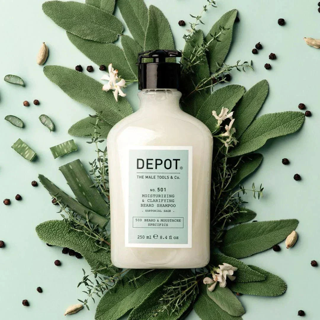 Fuktighetsgivende skjeggsjampo Depot No. 501 med sartorial salvie, 250ml.