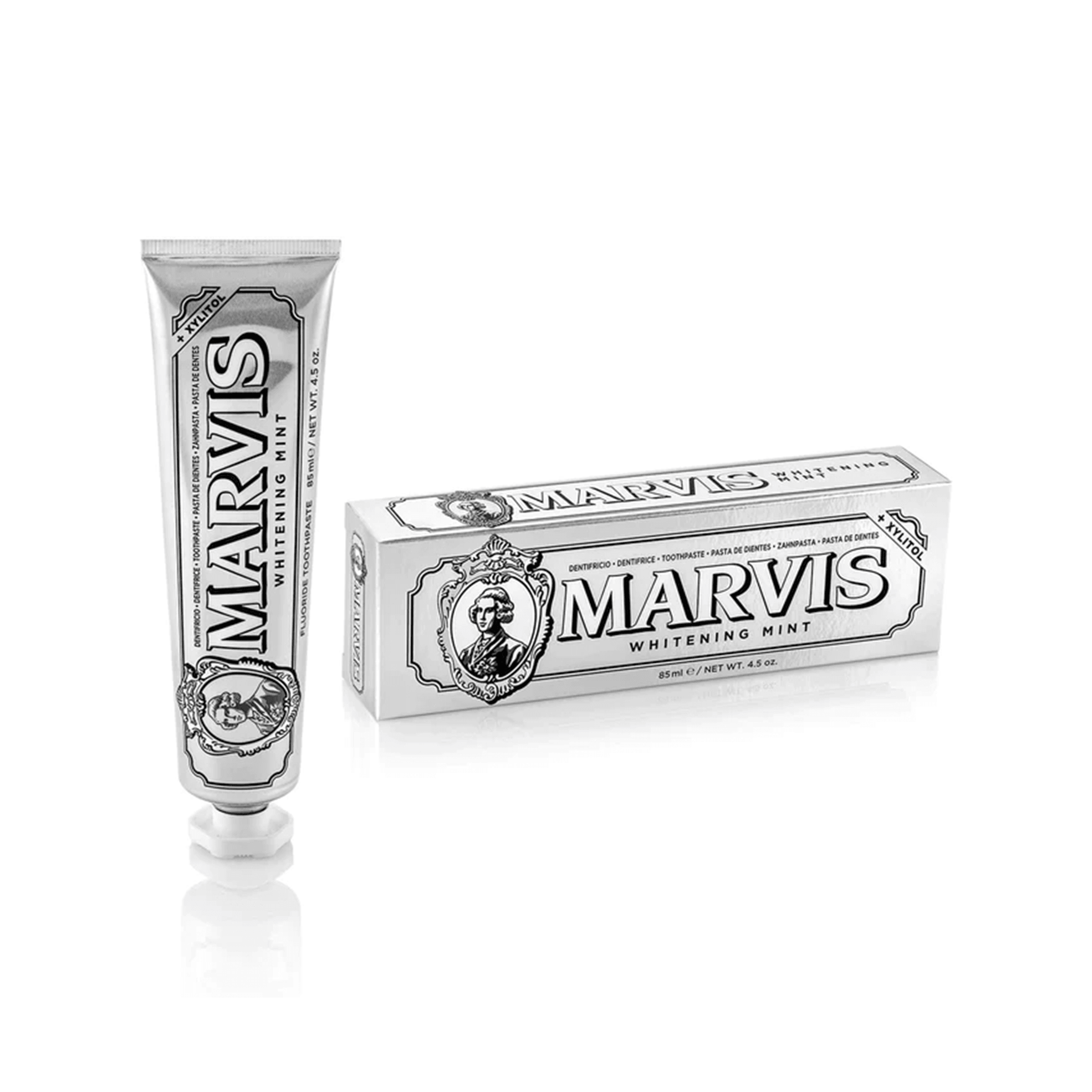 Marvis tannkrem tube with box, premium Italian toothpaste, whitening mint flavor.