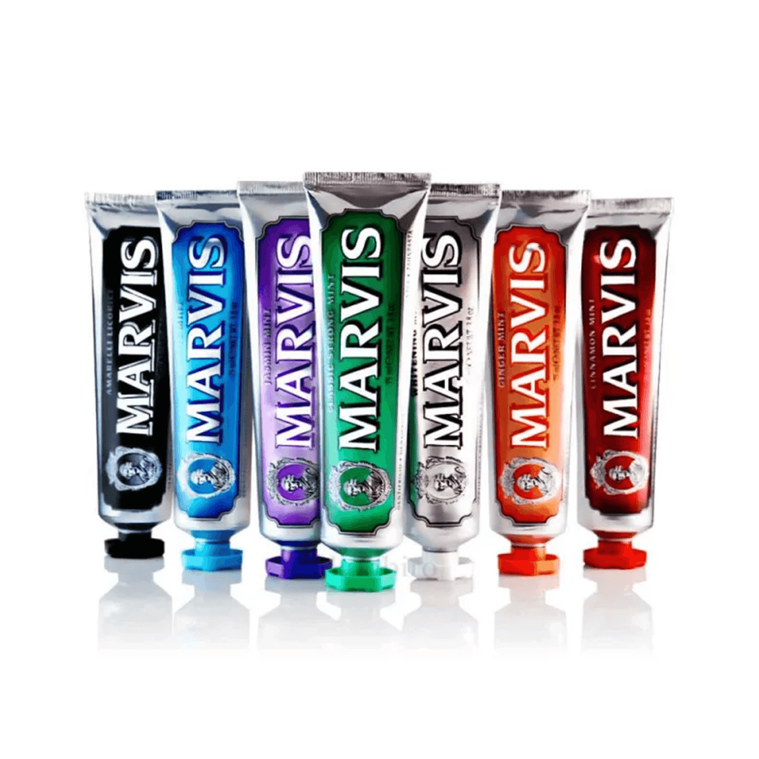 Marvis tannkrem tubes in various flavors, premium Italian toothpaste.