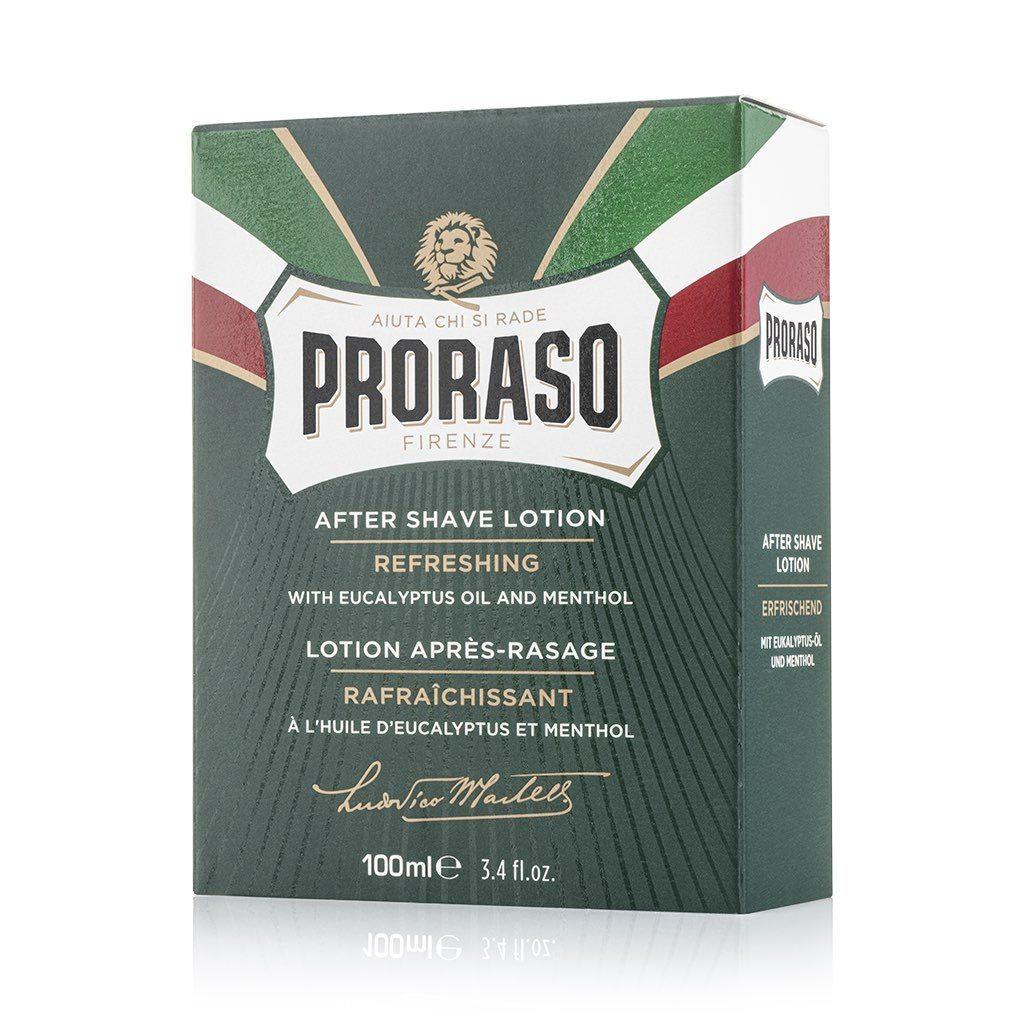 Proraso Aftershave Lotion with eucalyptus and menthol in stylish glass bottle, 100ml.