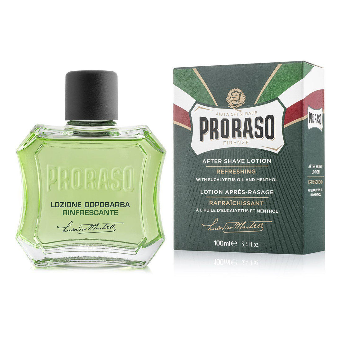 Proraso Aftershave Lotion with eucalyptus and menthol in stylish glass bottle, 100ml.