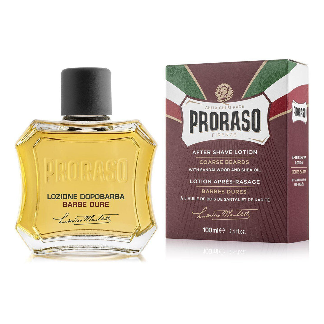 Proraso Aftershave Lotion Sandeltre in stylish glass bottle with packaging.