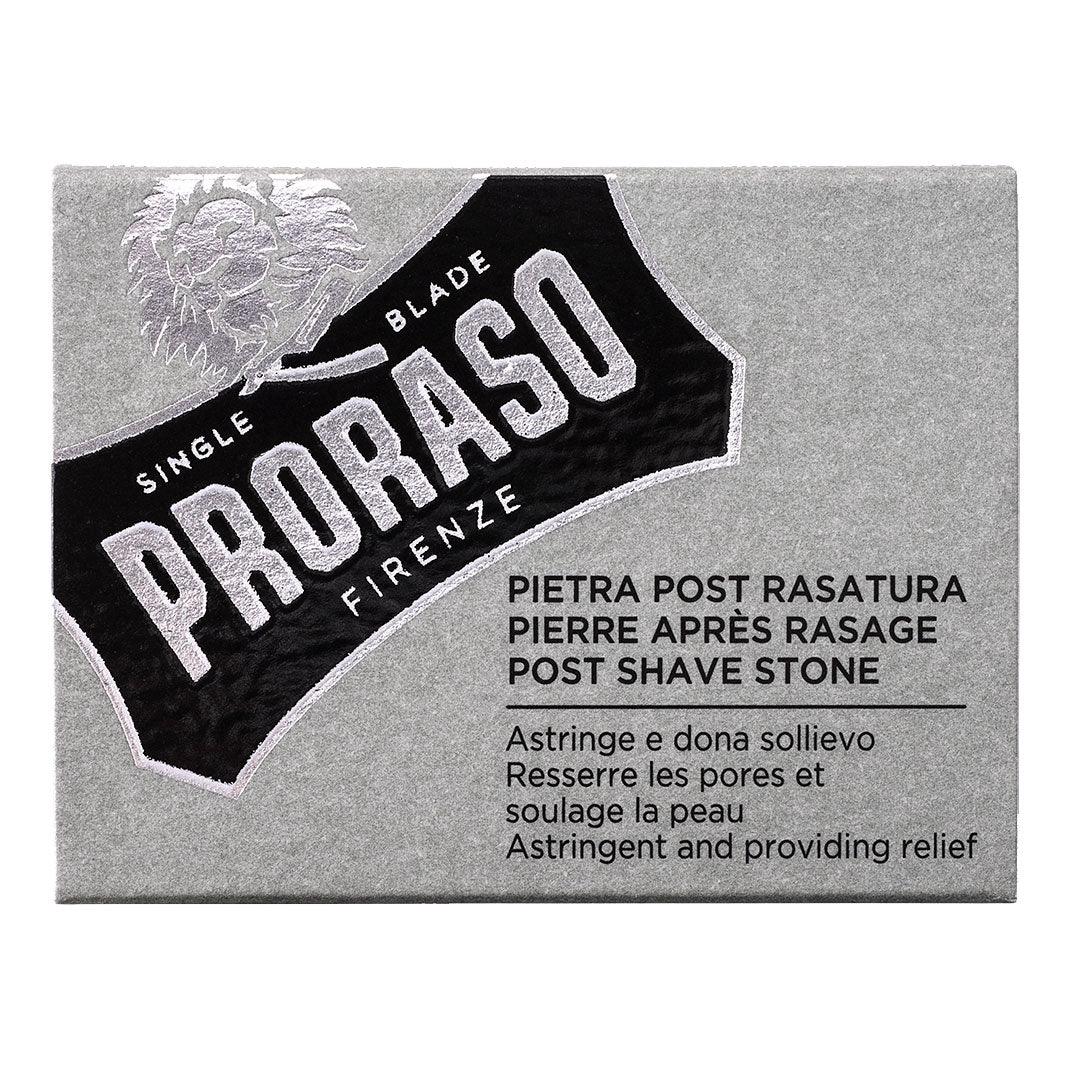 Proraso Alum stone packaging with black and silver design, post shave relief.