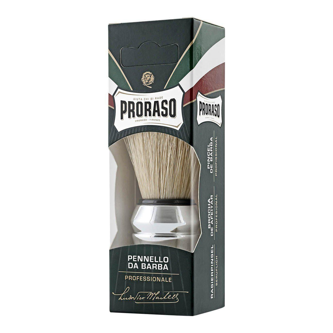 Proraso barberkost svinebust in packaging with chromed plastic handle.