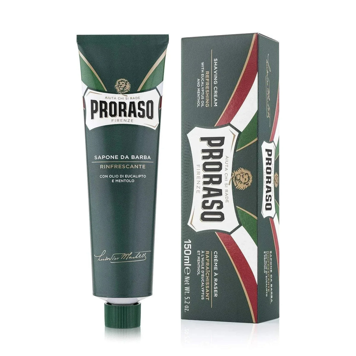 Proraso barberkrem i tube med eukalyptus- og mentol emballasje.