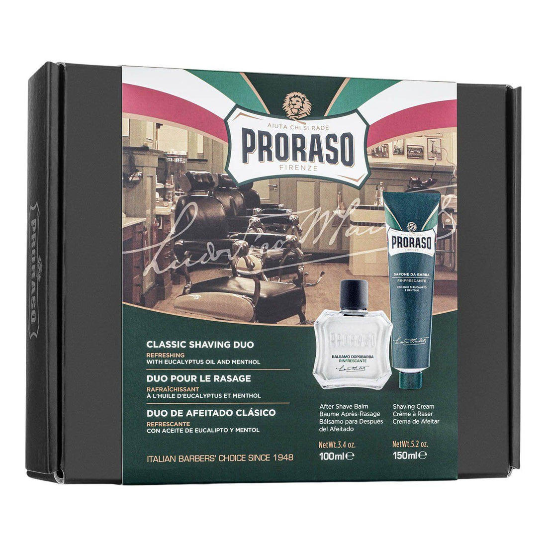 Proraso Duo Pack with barberkrem and aftershave balm set, featuring quality Italian grooming products.