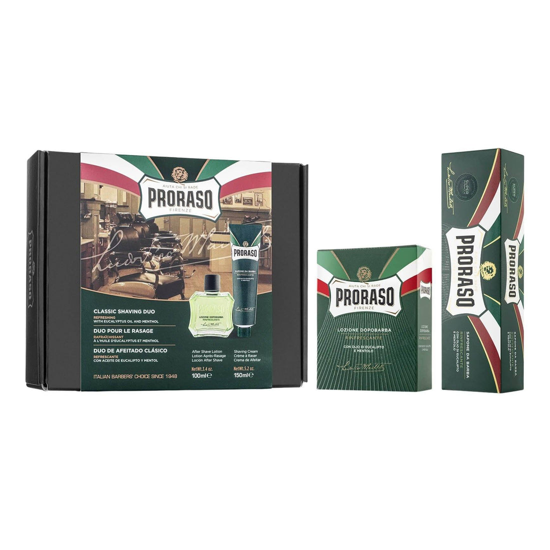 Proraso Duo Pack barberkrem og aftershave set with eucalyptus, menthol or sandalwood options.