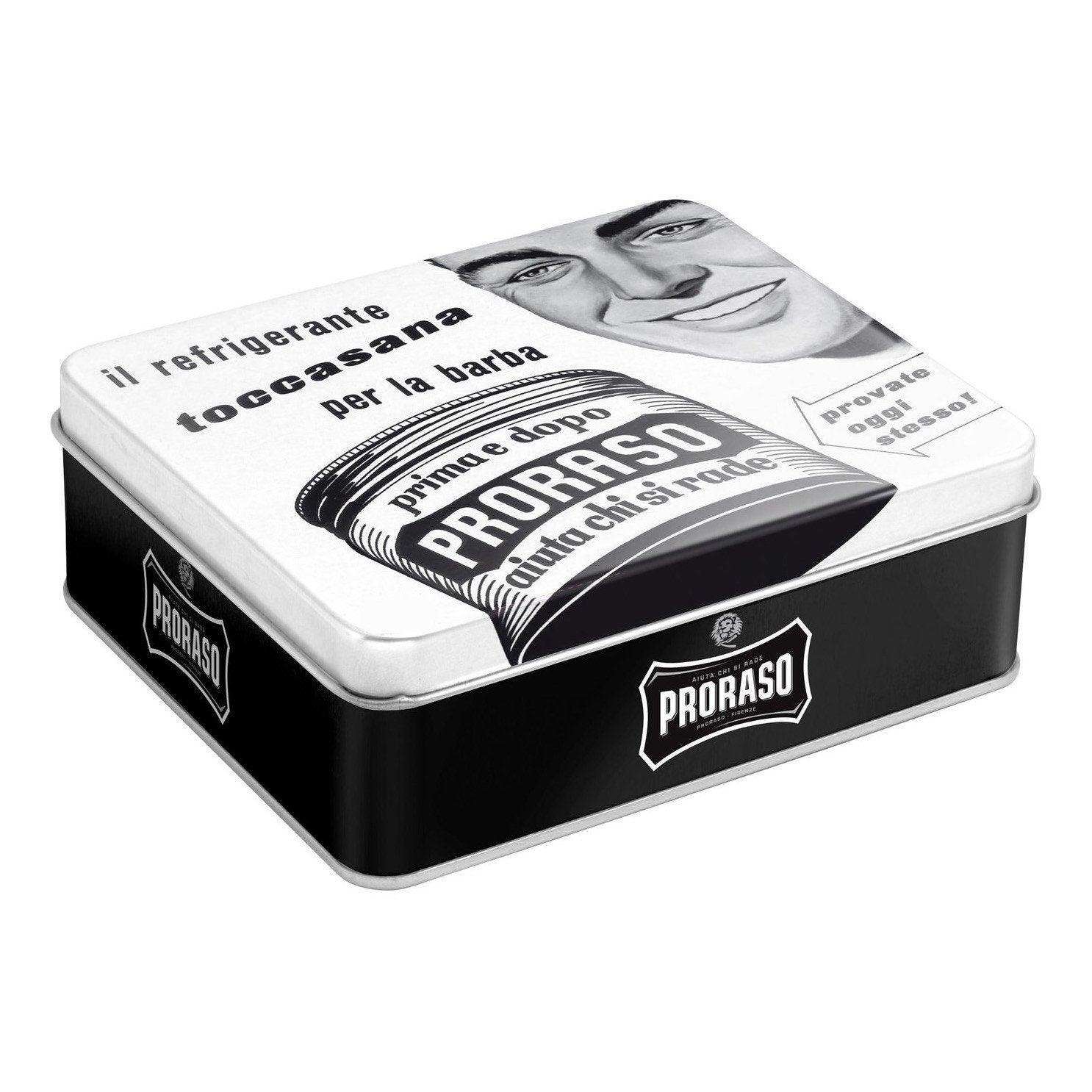 Proraso gavesett med barberprodukter i eske, tradisjonell italiensk barbersett.