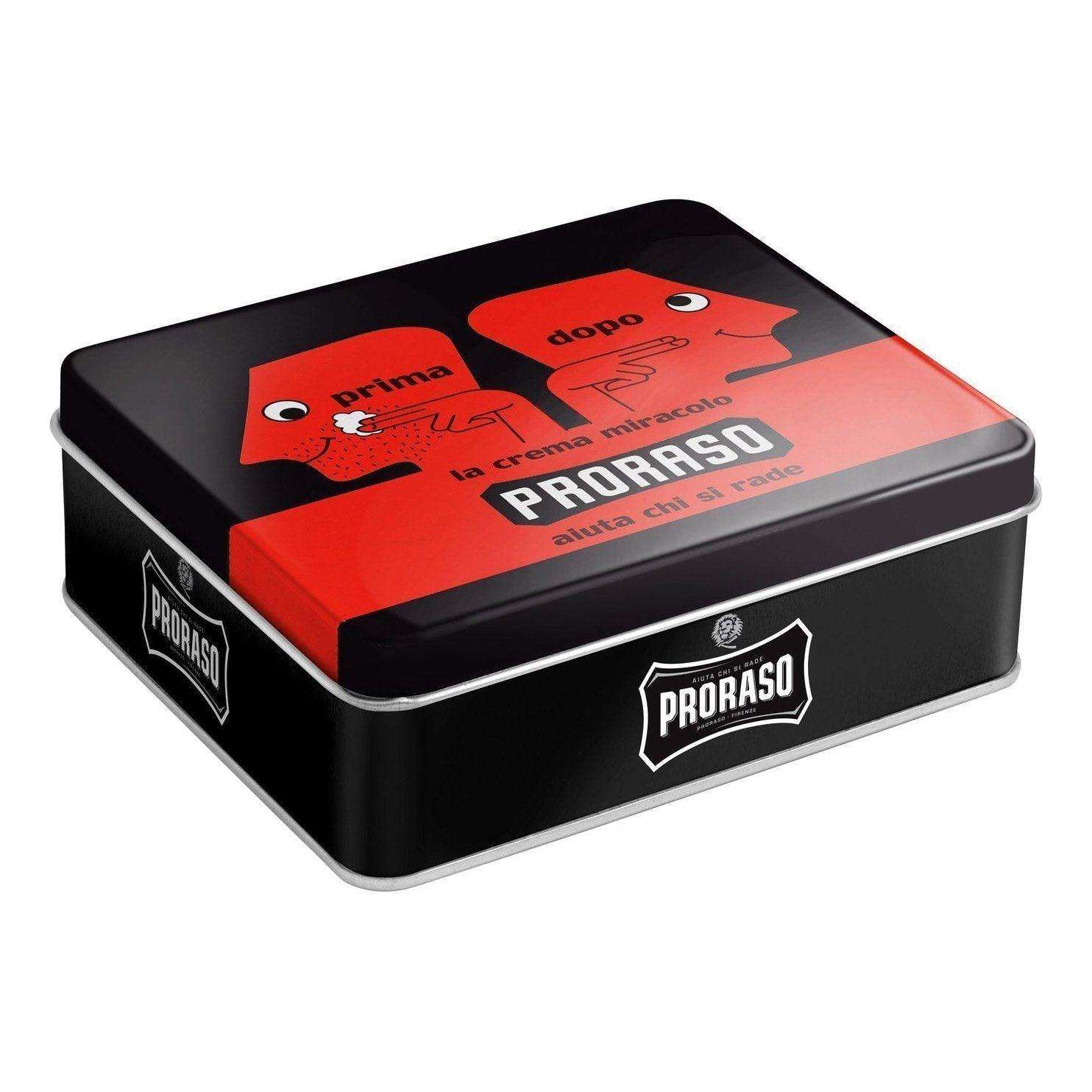 Proraso gavesett med barberprodukter i en stilig svart metallboks.