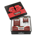 Proraso shaving gift set with creams and aftershave in a black and red tin box.