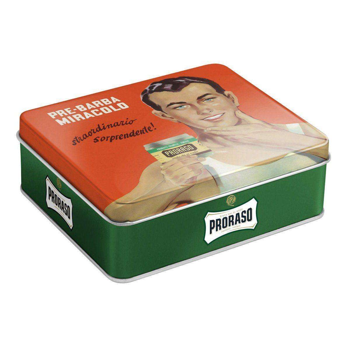 Proraso gavesett med barberprodukter, italiensk boks med barberkrem og etterbarberingskrem.