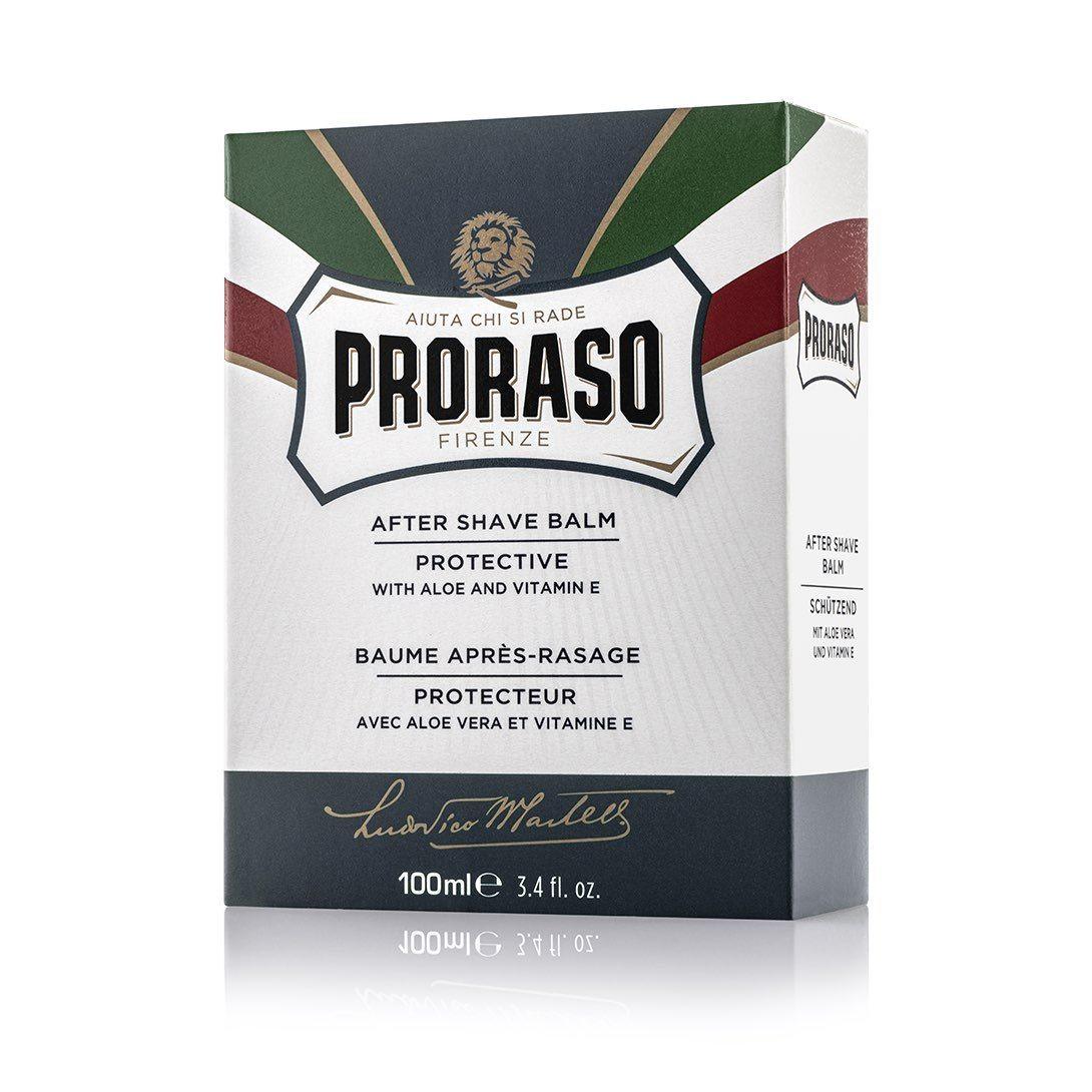 Proraso Liquid After Shave Balm with Aloe vera and vitamin E in glass bottle and box.