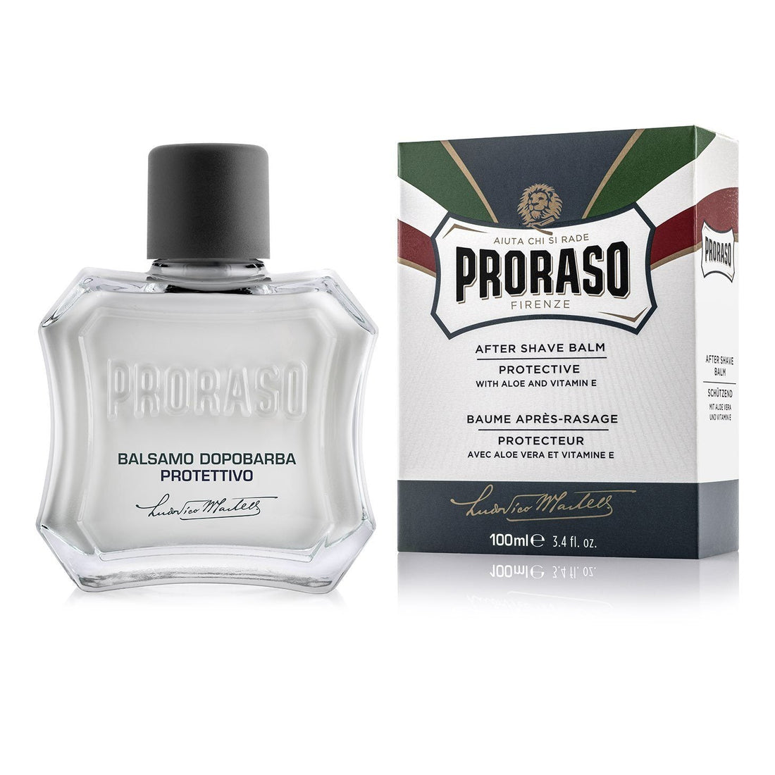 Proraso Liquid After Shave Balm with Aloe vera and vitamin E in glass bottle and box.