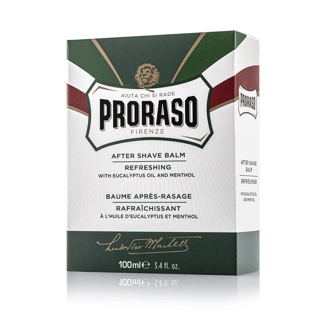 Proraso etterbarberingsbalsam med eukalyptus og mentol, i stilren glassflaske.