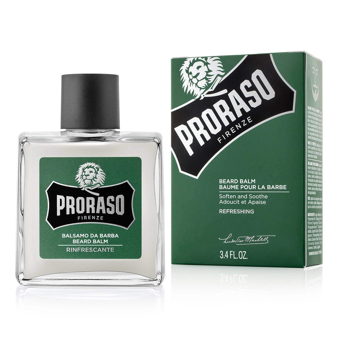 Proraso skjegglotion glass bottle with eucalyptus, rosemary, and bergamot fragrance, ideal for beard care.