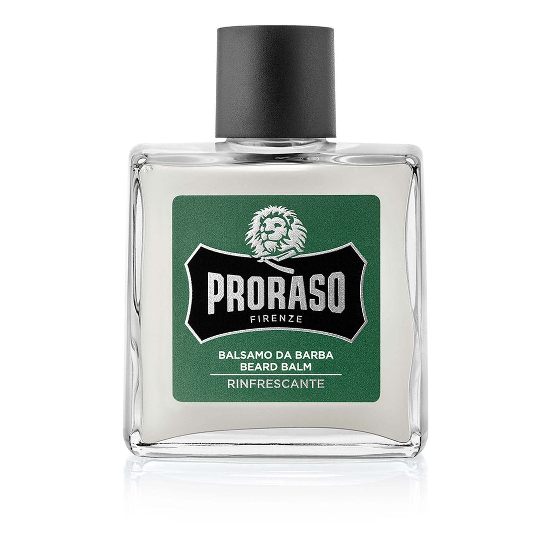 Proraso skjegglotion glass bottle with eucalyptus, rosemary, and bergamot fragrance, ideal for beard care.