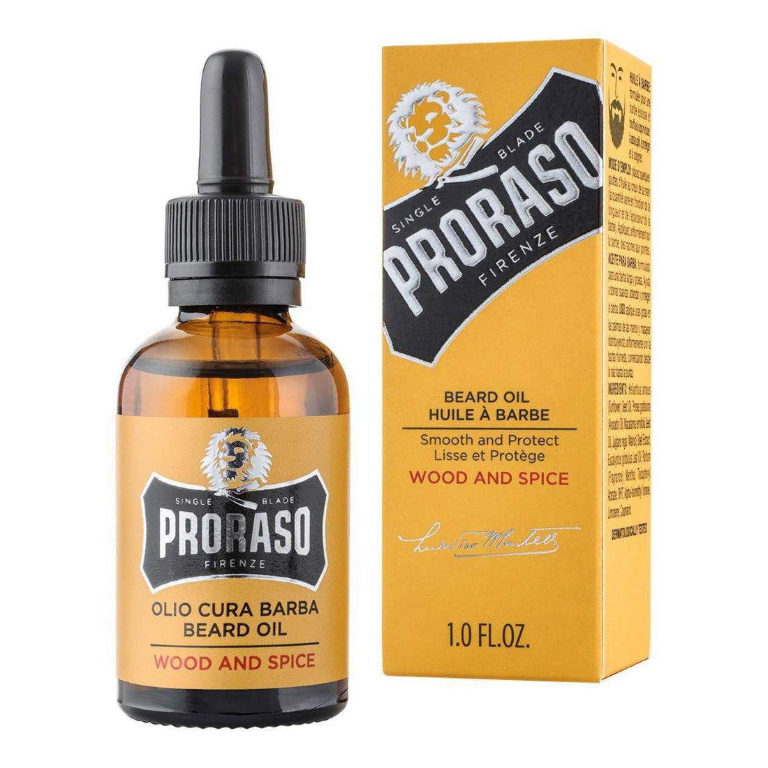 Proraso skjeggolje i glassflaske mot eske - Tre og krydder duft.
