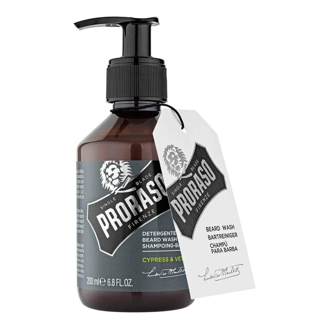Proraso beard shampoo in brown bottle with pump, Cypress and Vetiver scent.