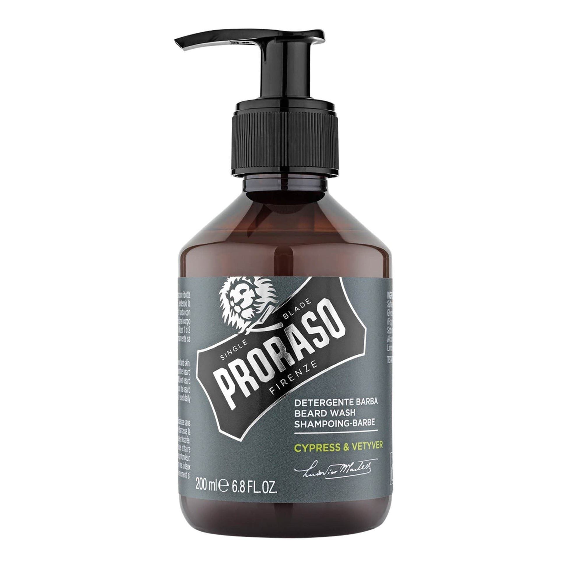 Proraso beard shampoo in brown bottle with pump, Cypress and Vetiver scent.