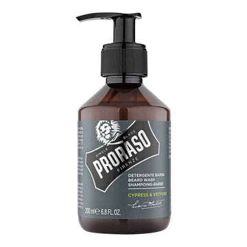 Proraso beard shampoo in brown bottle with pump, Cypress and Vetiver scent.