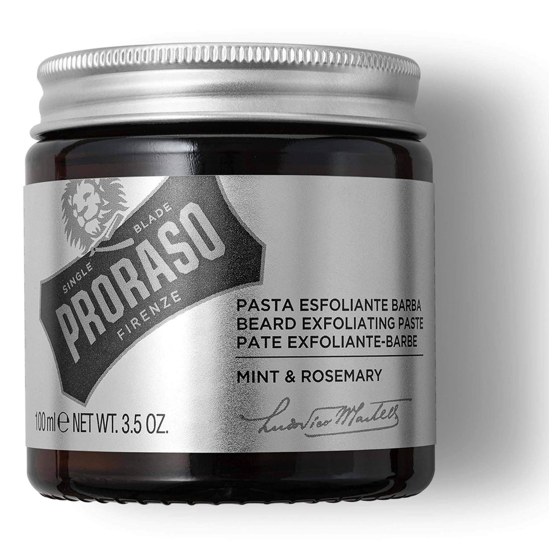 Proraso beard scrub jar with mint and rosemary scent.