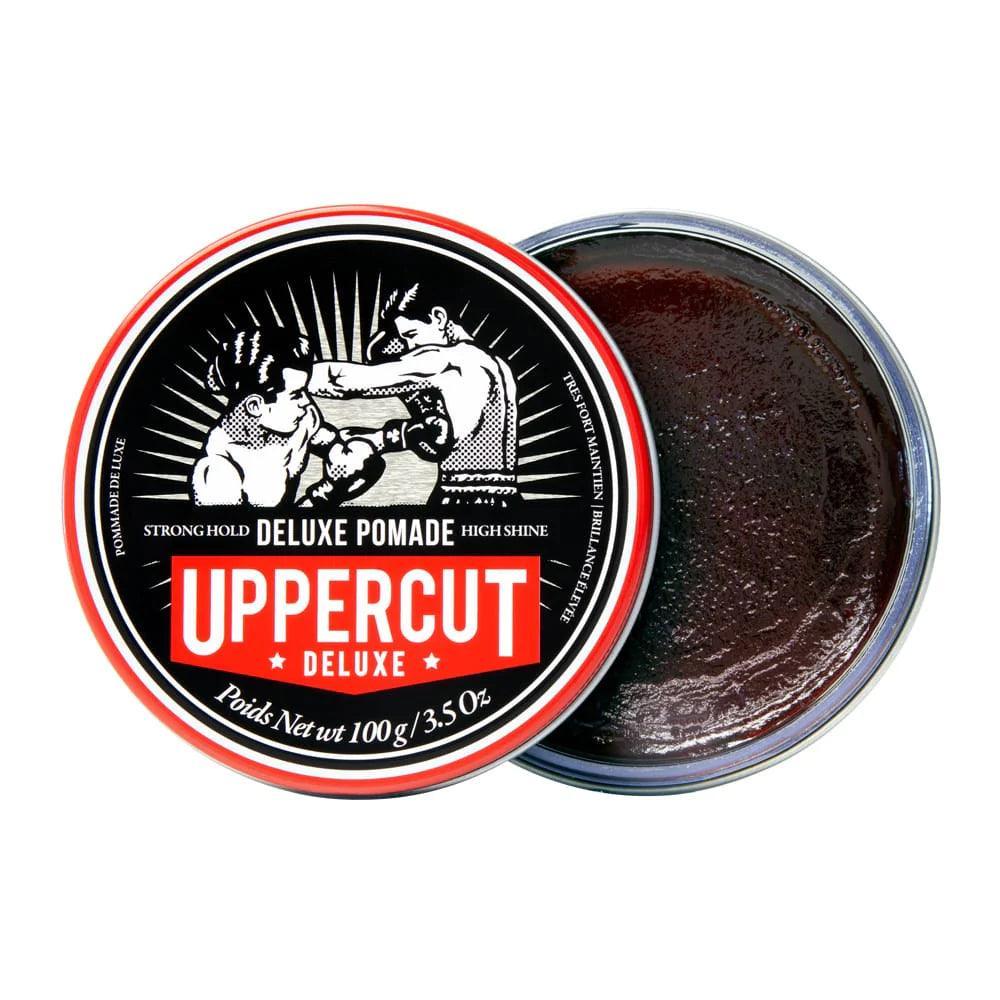 Uppercut Deluxe Deluxe Pomade 100g tin with strong hold and high shine.