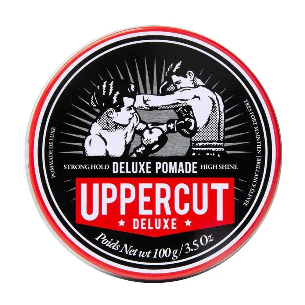 Uppercut Deluxe Deluxe Pomade 100g tin with strong hold and high shine.